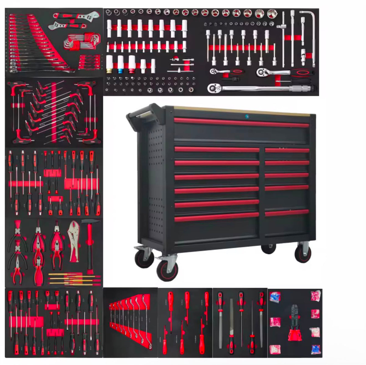 GABINETE DE HERRAMIENTAS 12 CAJONES CON 471 PIEZAS + MESA MADERA