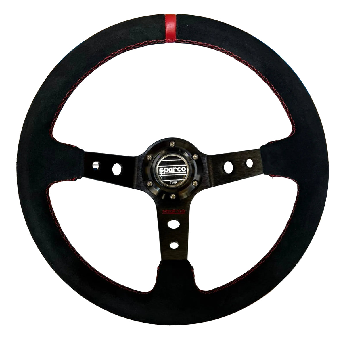 VOLANTE DEPORTIVO 14" CENTRO DESPLAZADO GAMUZA SPARCO - NEGRO Y ROJO